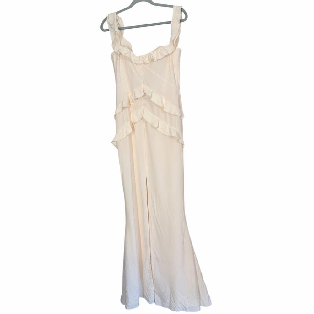 NWT Oh Polly cream long formal dress front slit US 9 ruffle coquette banquet